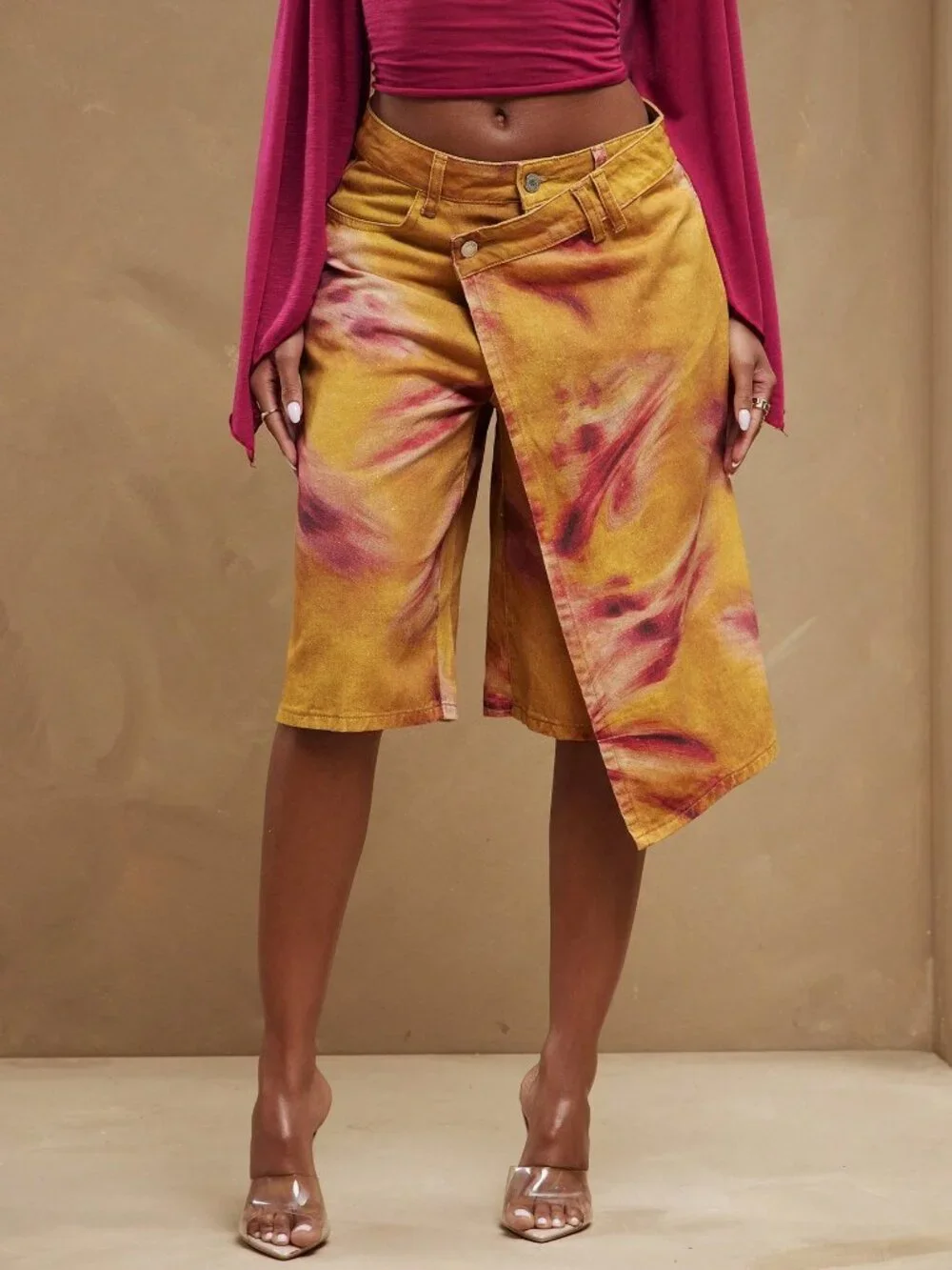 Multicolor Casual Women'sCrossover Tie Dye Skirt Loose Baggy Denim Shorts